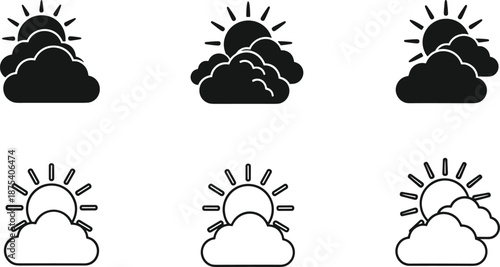Partly cloudy weather icons, sun and cloud vector set, solid and outline design variations, forecast symbols for apps, UI, climate graphics