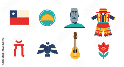 Chilean culture and symbols collection: flag, food, Moai, clothing, condor, guitar, flower
