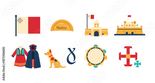 Malta's rich cultural heritage and iconic symbols illustrated in a flat design collection
