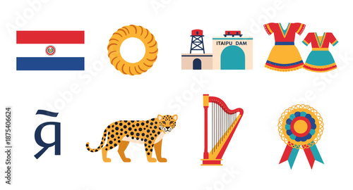 Paraguay cultural symbols and landmarks collection, flat design