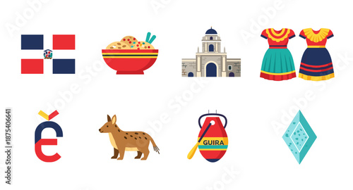 Dominican Republic cultural symbols and landmarks in a flat design illustration
