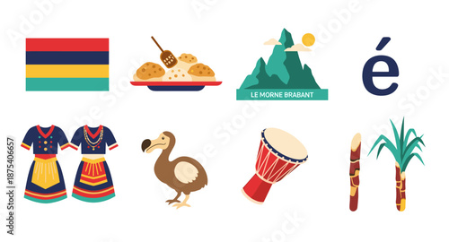 Mauritius cultural symbols and landmarks collection, vibrant flat design icons