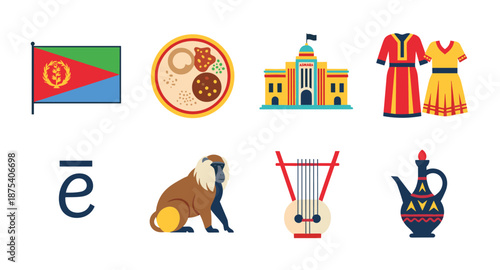 Eritrea cultural symbols and landmarks collection, flat design icons