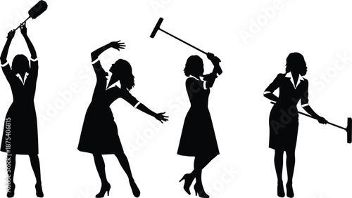 Silhouette of professional cleaning woman using mop and duster, black and white vector illustration showing housekeeping, janitorial service, and domestic cleaning work