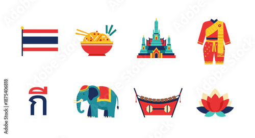 Collection of Thai cultural icons including flag, food, temple, and traditional attire
