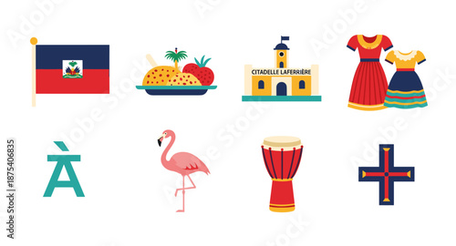 Haiti cultural symbols and landmarks flat illustration set