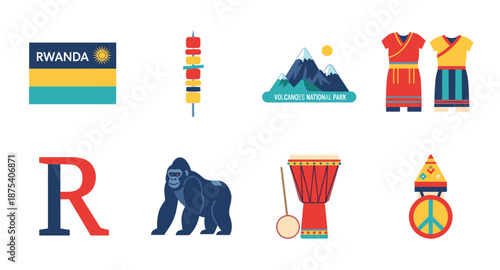 Rwanda cultural icons and symbols collection with flag, gorilla, and traditional clothing