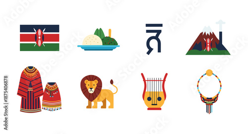 Collection of Kenyan cultural symbols and national emblems in flat design style