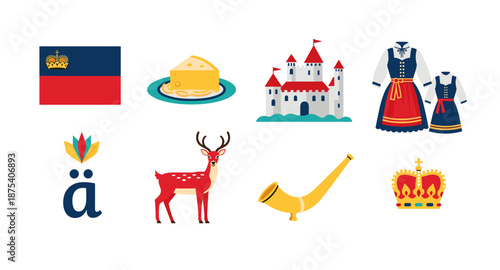 Liechtenstein symbols including flag, cheese, castle, traditional dress, deer, alphorn, and crown
