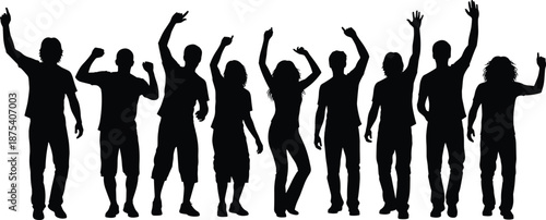Group of people silhouettes dancing and celebrating with raised hands, black and white vector illustration representing party, music, youth culture, freedom, and social energy