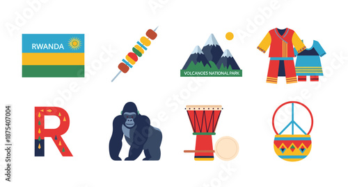 Rwanda travel icons: flag, gorilla, mountains, traditional clothing, and food