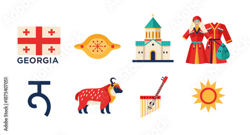 Georgia country symbols and cultural icons in a flat design illustration