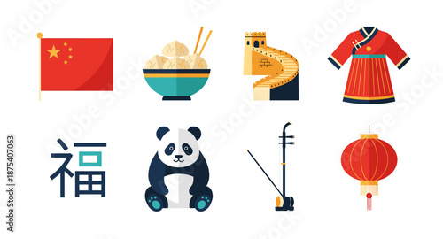 Collection of iconic Chinese cultural symbols and elements in a flat design style
