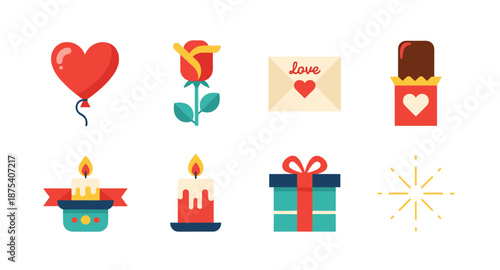 Collection of romantic icons including heart balloon, rose, love letter, chocolate, candles, gift, and fireworks