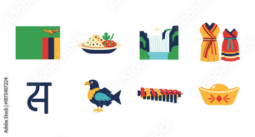 Zambia cultural icons: flag, food, waterfall, clothing, script, bird, music, and gold