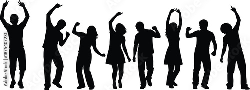Silhouettes of people dancing in different poses, black and white vector illustration representing party, music, freedom, celebration, nightlife, and energetic social lifestyle concepts