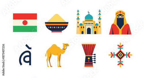 Collection of African cultural symbols and landmarks including flag, mosque, and camel