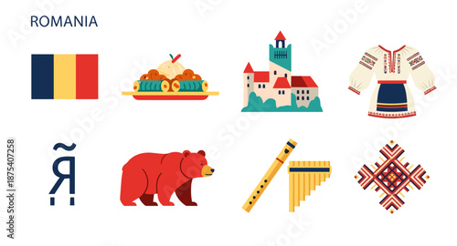 Romania travel icons: flag, food, castle, traditional clothing, bear, music, and alphabet