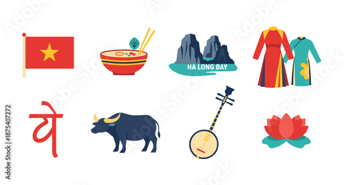Collection of Vietnamese cultural symbols and landmarks in flat design style
