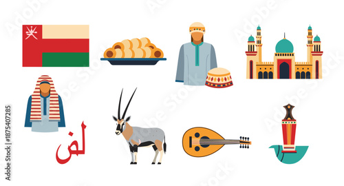 Oman cultural symbols and landmarks collection with traditional clothing and food