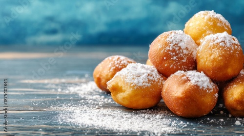 Golden fried doughnuts with powdered sugar, a sweet pastry dessert on rustic blue wooden table, celebrating a festive treat