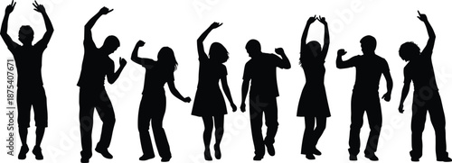 Group of dancing people silhouettes in energetic poses, black and white vector illustration symbolizing party, music, celebration, freedom, nightlife, and vibrant social lifestyle concepts