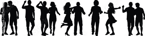 Group of people dancing together silhouettes, black and white vector illustration showing party, music, celebration, friendship, nightlife, and energetic social lifestyle concepts
