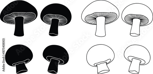 Stylized mushroom vector illustration, black and white mushroom icons, gills and stem details, minimal design mushrooms, outline and filled mushroom art set
