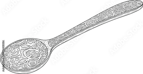 Ornate antique spoon featuring intricate celtic knotwork engraving on both the handle and the bowl isolated against white background for coloring.