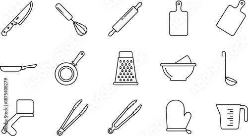Collection of simple black outline icons representing various essential kitchen utensils and cooking tools for culinary design projects.