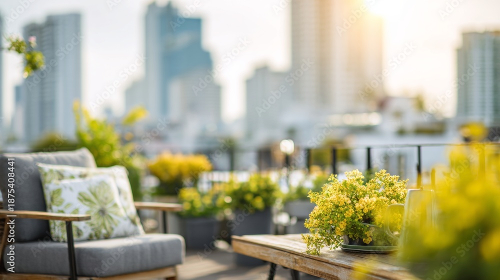 Fototapeta premium Rooftop garden patio creating a relaxing urban oasis with city skyline view during a sunny afternoon