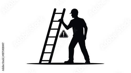 Man in hard hat holds ladder with warning sign