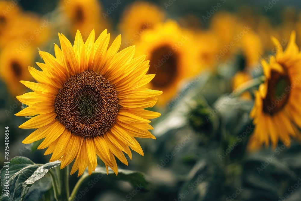 Fototapeta premium Close-up focus on a vibrant sunflower with others blurred in a sunny field