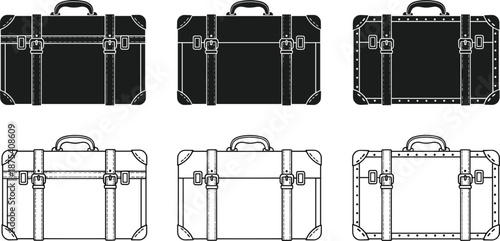 Vintage suitcase silhouettes and outlined luggage collection, retro travel bag set, classic leather trunks with straps, buckles, rivets, corner reinforcements, detailed vector illustration