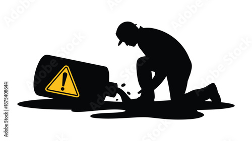 Man kneeling beside leaking oil barrel with warning sign