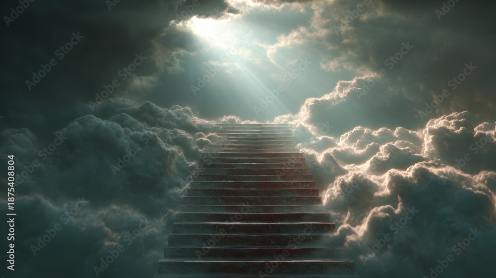 Fototapeta premium Mysterious stone staircase ascending through thick, glowing clouds toward a radiant, heavenly light breaking through the dark, dramatic sky above