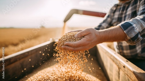 Farmer's hands holding falling golden wheat grains during successful harvest, cereal crop farming in field