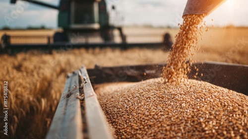 Wheat grains collecting in a truck trailer during harvest. A combine harvester is working in the field at sunset