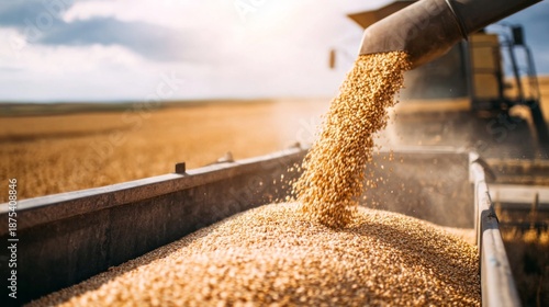 Grain pouring from combine harvester auger into a truck trailer, showing harvest in a dry wheat field under sunlight