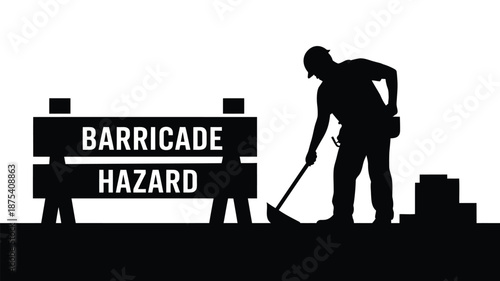 Construction worker near barricade hazard sign