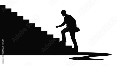 Man climbing stairs with tool belt on, ascending to success