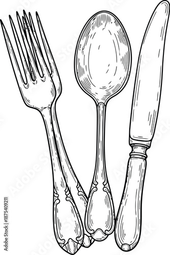 Vintage silverware set illustration featuring an ornate fork spoon and knife drawn in detailed black and white engraving style perfect for menu design.