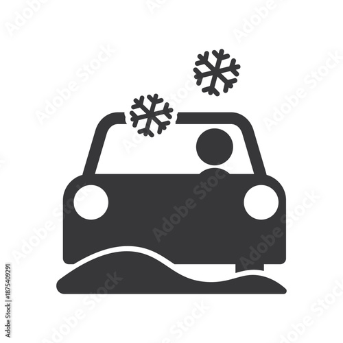 Isolated pictogram of car with snow piles on road and falling snow icon, symbol for icy danger, winter driving caution.