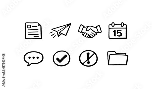 Collection of hand-drawn icons representing business and communication concepts