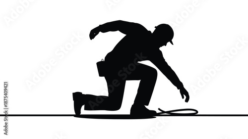 Man in dynamic running start position with tool belt