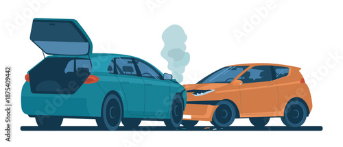 Scene of a collision between two cars with damage. Vector illustration.