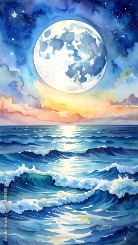 Watercolor nightscape A full moon shines over a serene, stylized ocean reflecting its light