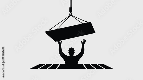 Construction worker lifting heavy beam with crane in industrial setting