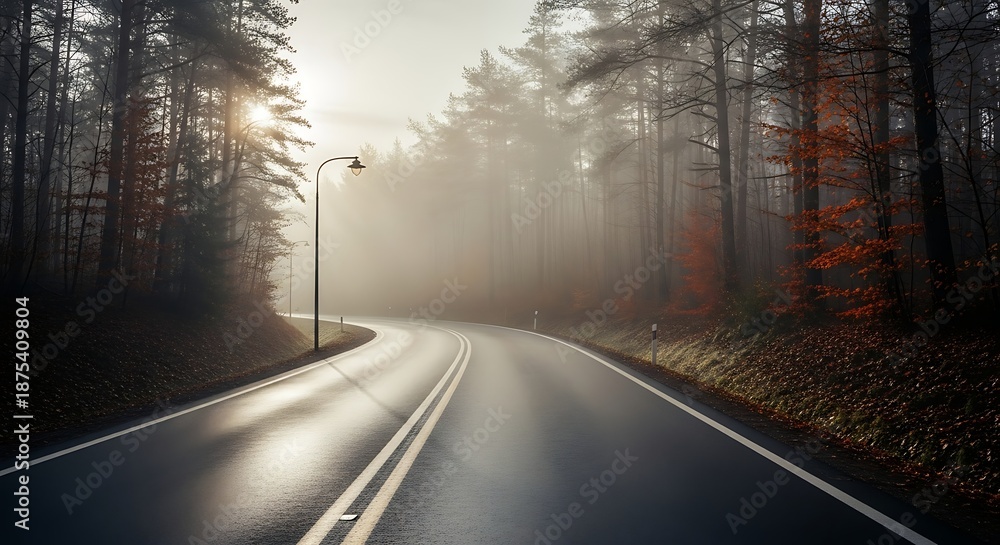 Fototapeta premium Road through foggy forest with sunlight shining through trees concept