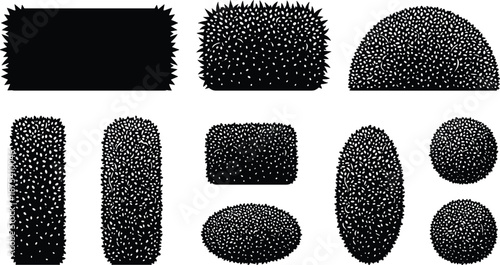 Abstract hedge and bush silhouettes set in various shapes, black vector foliage collection for landscaping design, garden planning, logo, pattern, and decorative graphics use